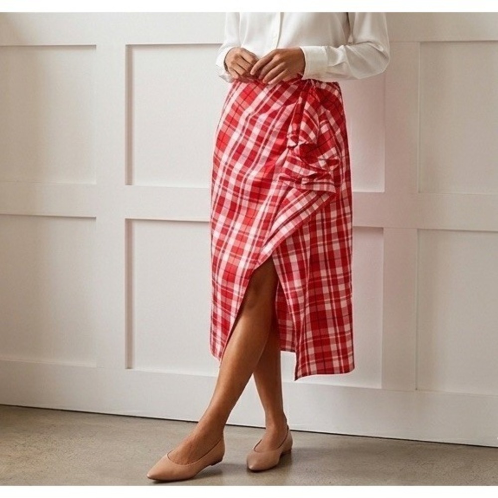 J. Crew Collection Red White Plaid Ruffle Front Midi Skirt Size 6 BW146